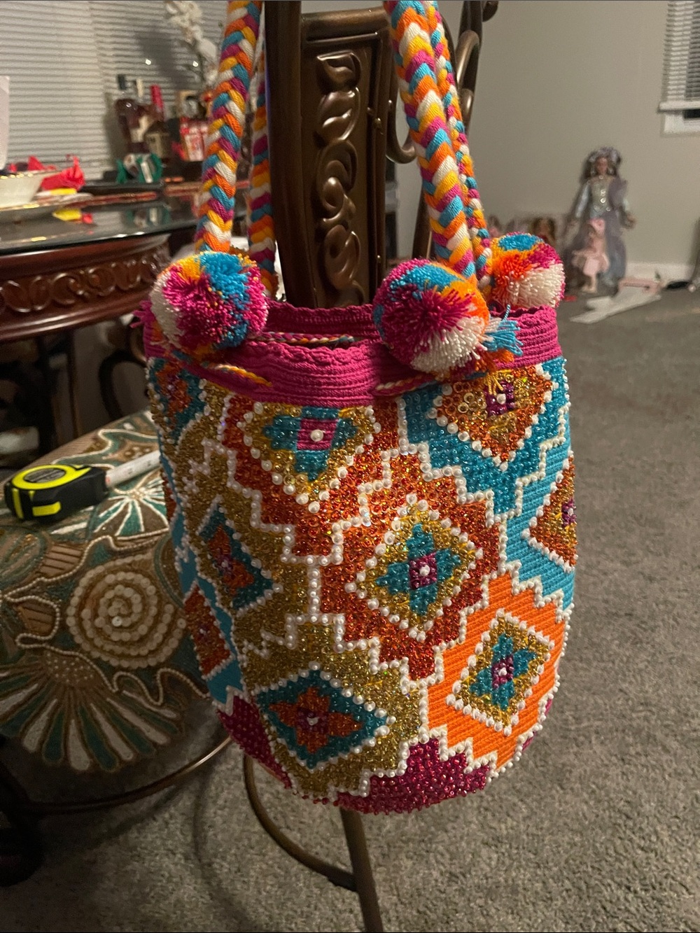 Handcrafted Multicolor Beaded Pom-Pom Crossbody Bucket Bag